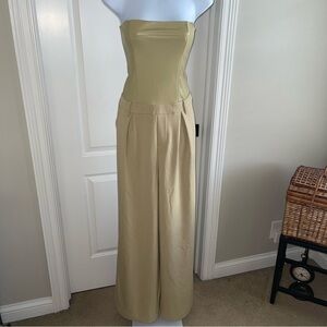 Weworewhat Strapless Faux Leather Jumpsuit Beige Wide Leg Size 10 Back Zip